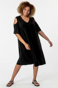 Roman Black Curve Cold Shoulder Jersey Dress