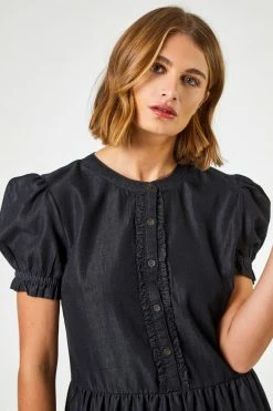 Roman Black Denim Puff Sleeve Tiered Midi Dress -Roman Sales Shop unnamed file 427