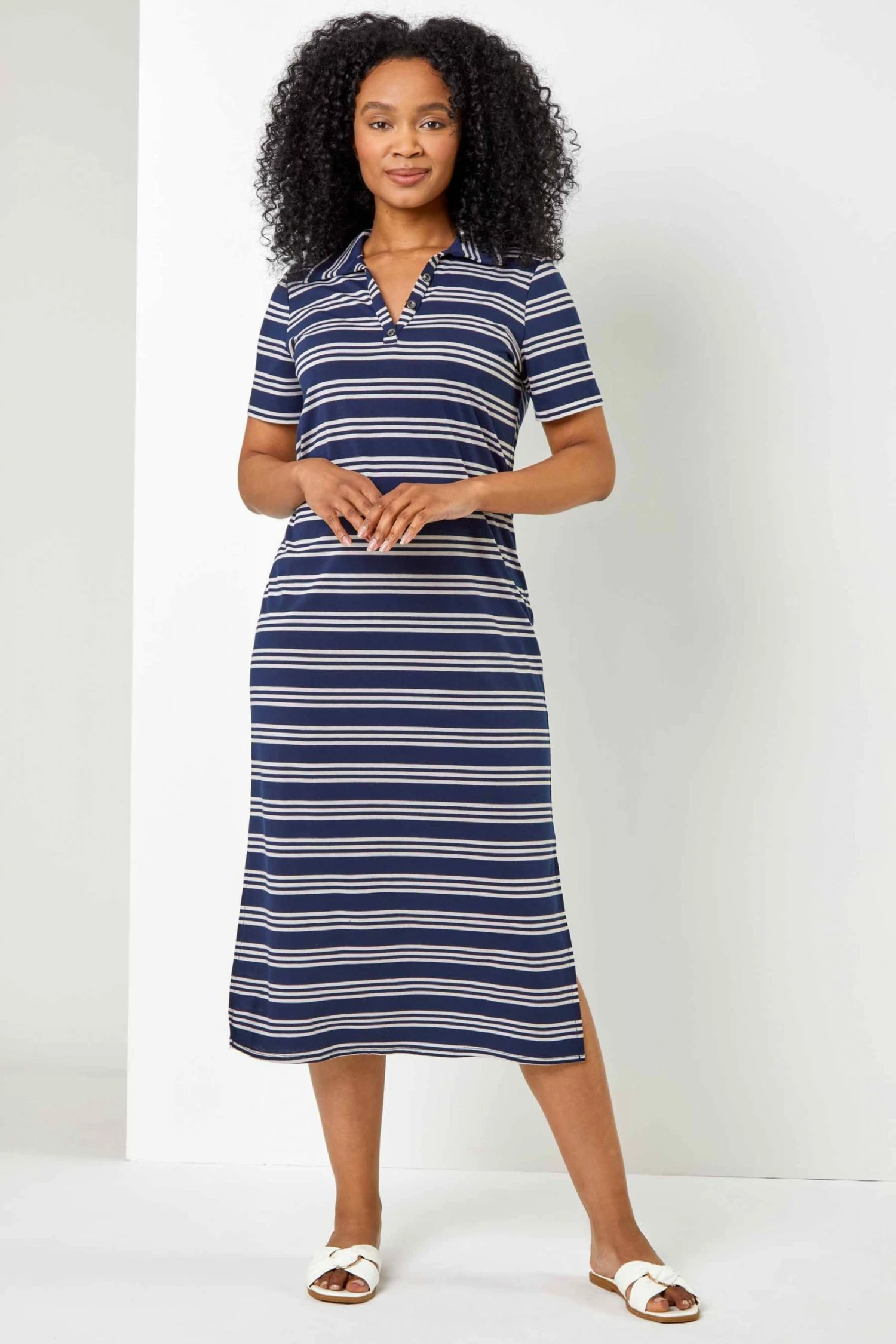 Roman Blue Petite Stripe Print Polo Shirt Dress 4 Roman Blue Petite Stripe Print Polo Shirt Dress - Image 2
