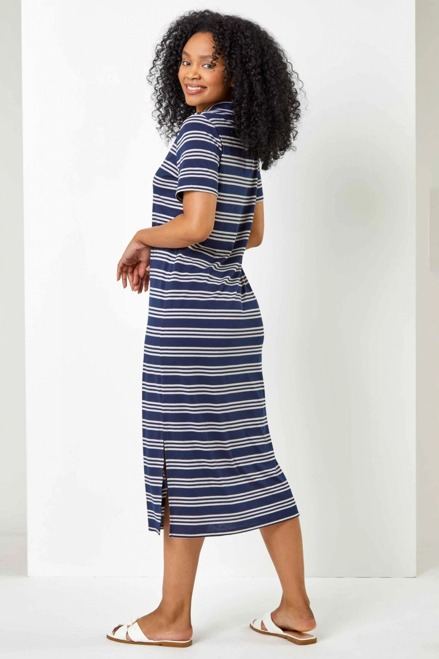 Roman Blue Petite Stripe Print Polo Shirt Dress 5 Roman Blue Petite Stripe Print Polo Shirt Dress - Image 3