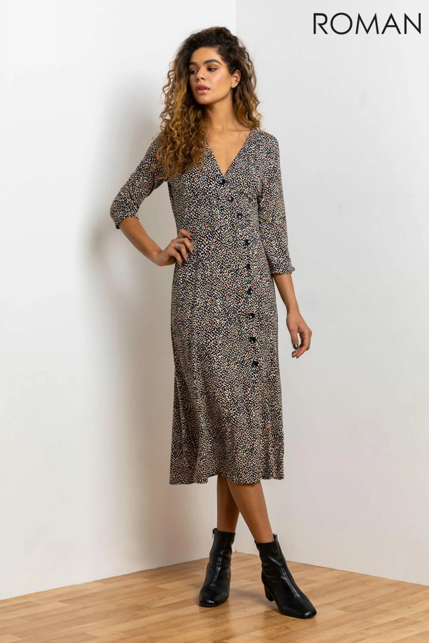 Roman Brown Ditsy Spot Print Button Dress 3 Roman Brown Ditsy Spot Print Button Dress
