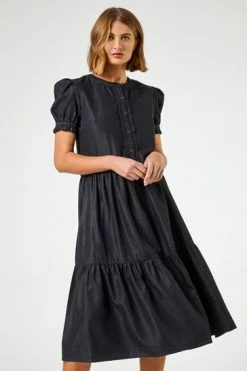 Roman Black Denim Puff Sleeve Tiered Midi Dress -Roman Sales Shop unnamed file 428