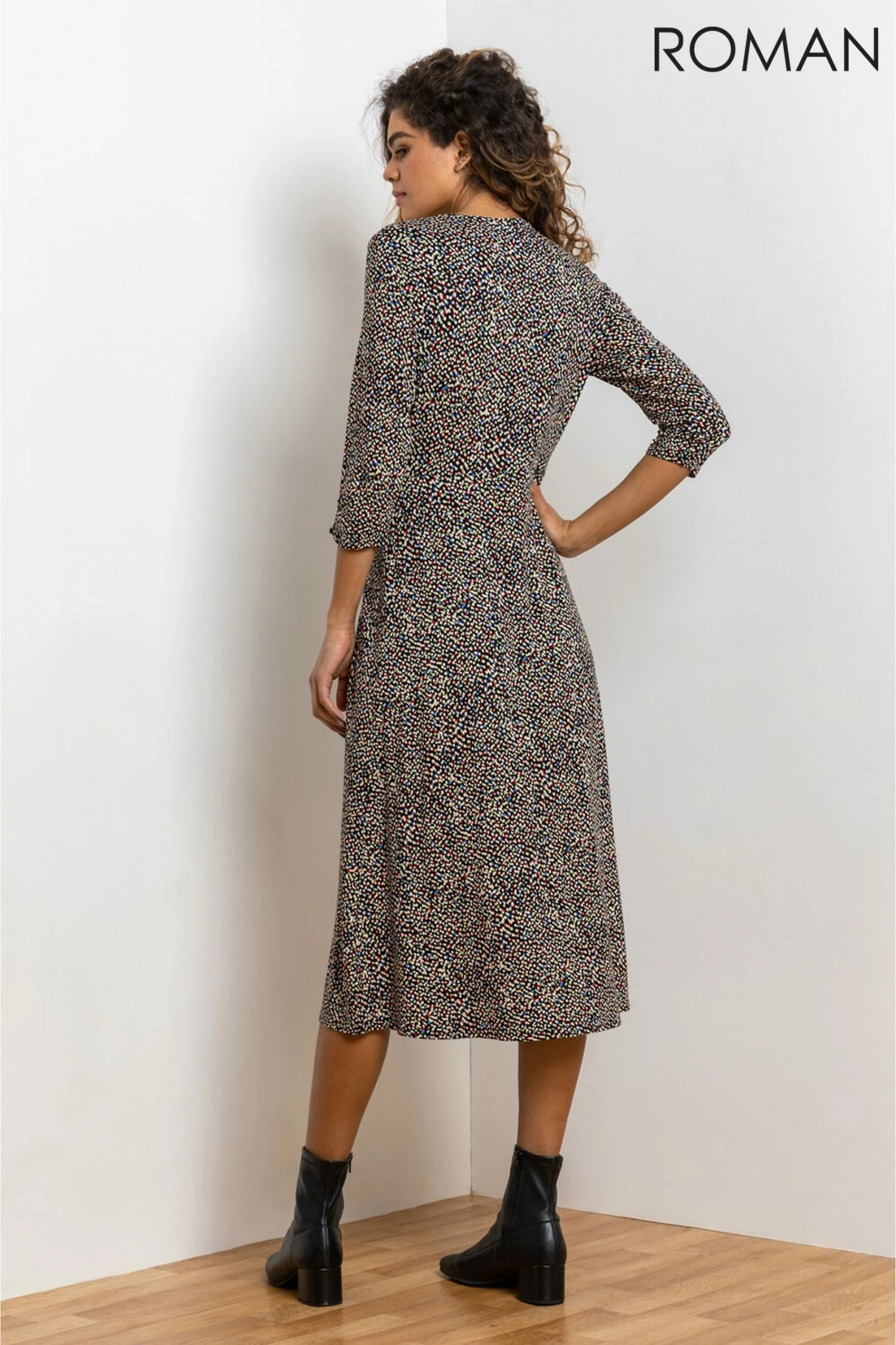 Roman Brown Ditsy Spot Print Button Dress 4 Roman Brown Ditsy Spot Print Button Dress - Image 2