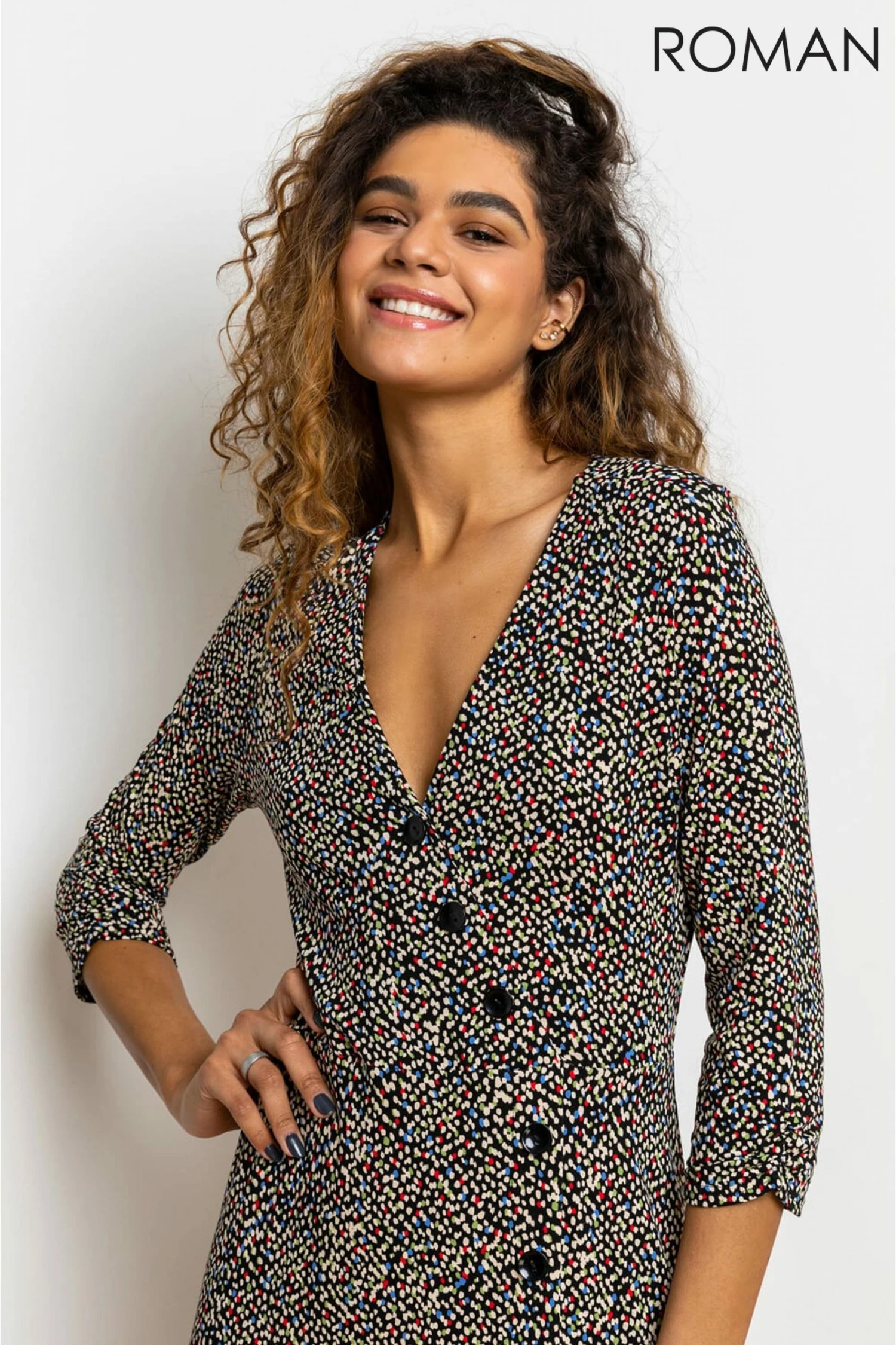 Roman Brown Ditsy Spot Print Button Dress 6 Roman Brown Ditsy Spot Print Button Dress - Image 4