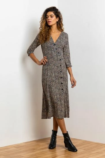 Roman Brown Ditsy Spot Print Button Dress 7 Roman Brown Ditsy Spot Print Button Dress - Image 5