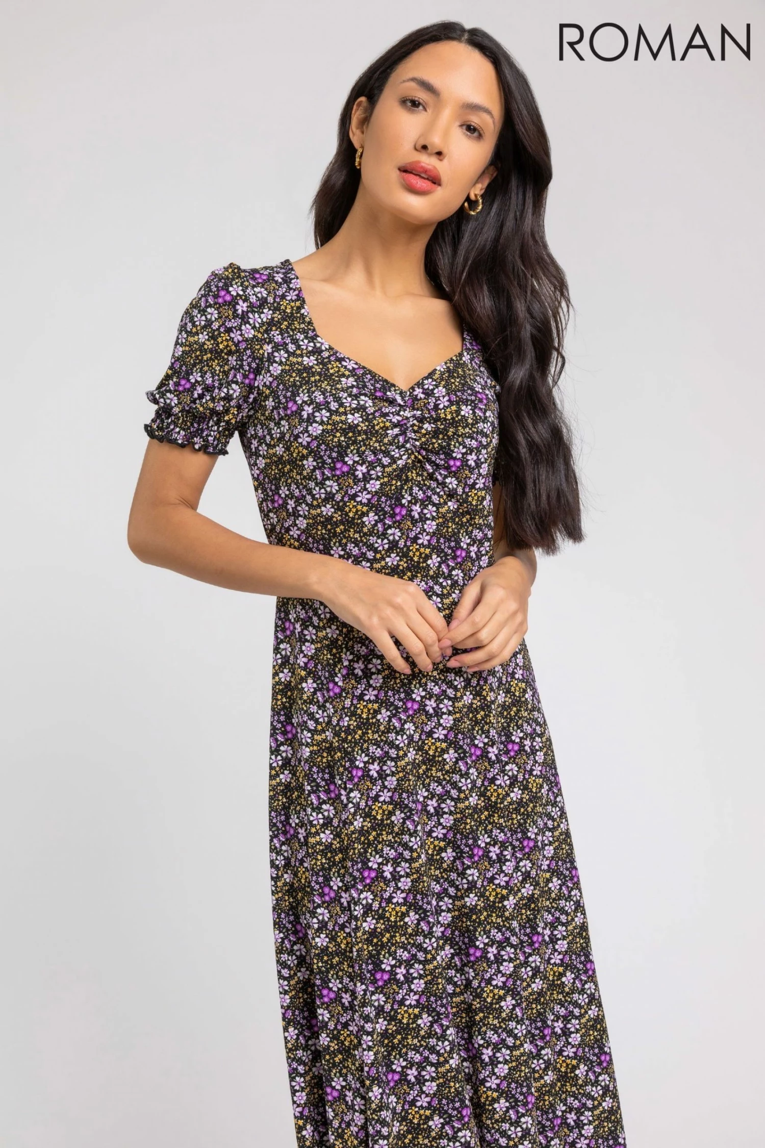 Roman Purple Ditsy Floral Ruched Maxi Dress 3 Roman Purple Ditsy Floral Ruched Maxi Dress