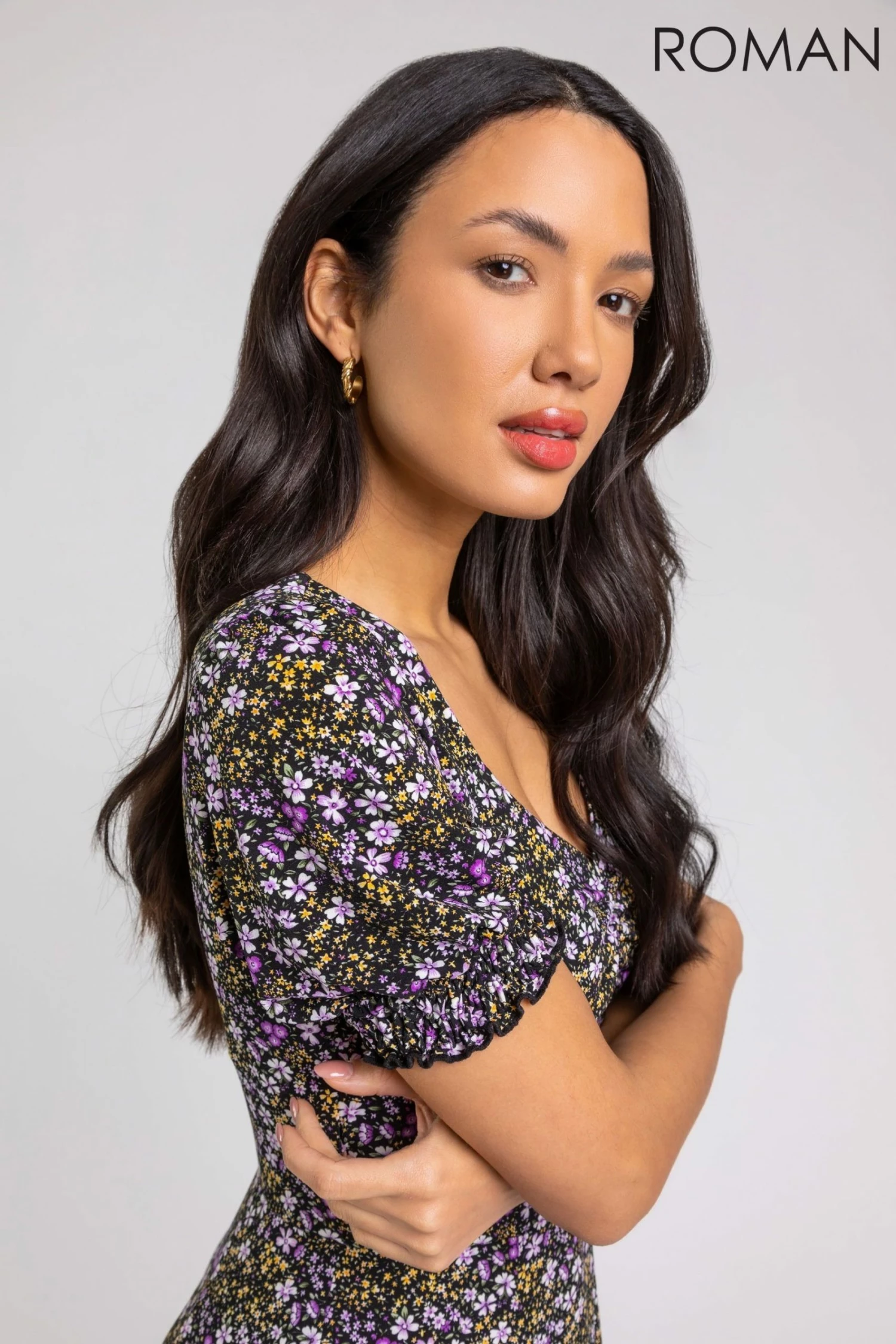 Roman Purple Ditsy Floral Ruched Maxi Dress 6 Roman Purple Ditsy Floral Ruched Maxi Dress - Image 4