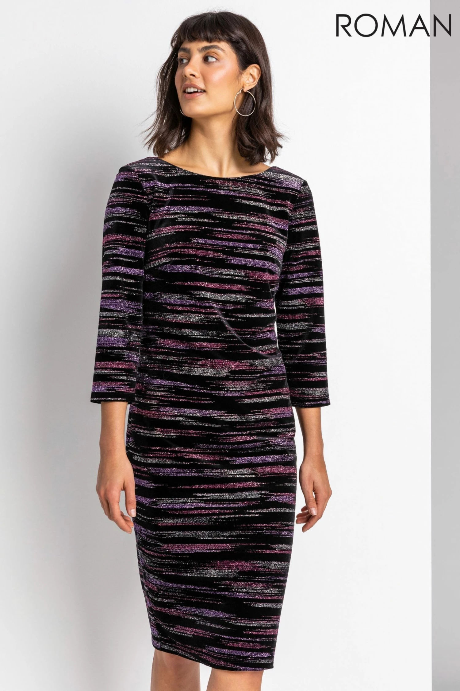 Roman Pink Glitter Stripe Print Velvet Dress 3 Roman Pink Glitter Stripe Print Velvet Dress