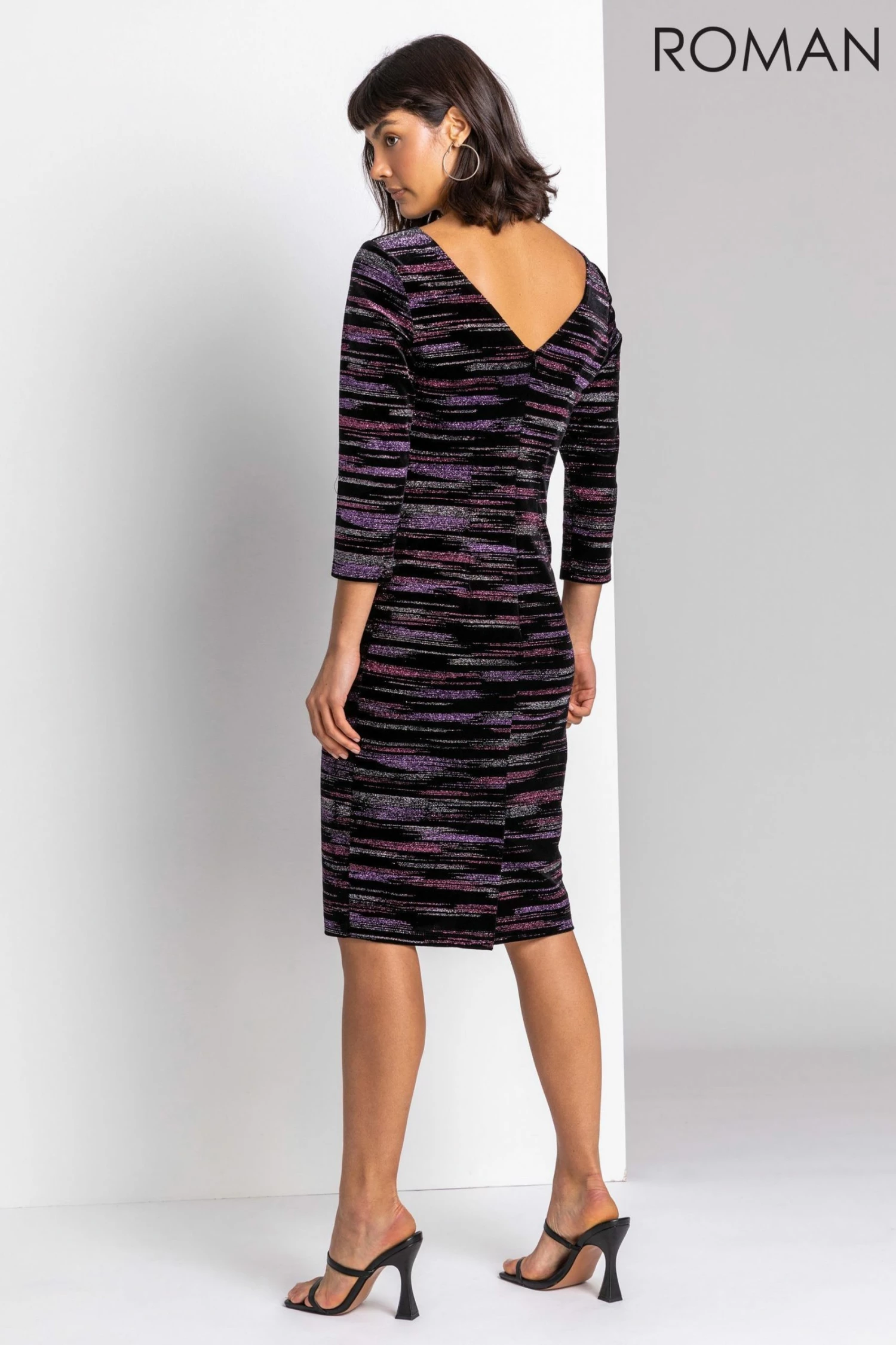 Roman Pink Glitter Stripe Print Velvet Dress 4 Roman Pink Glitter Stripe Print Velvet Dress - Image 2