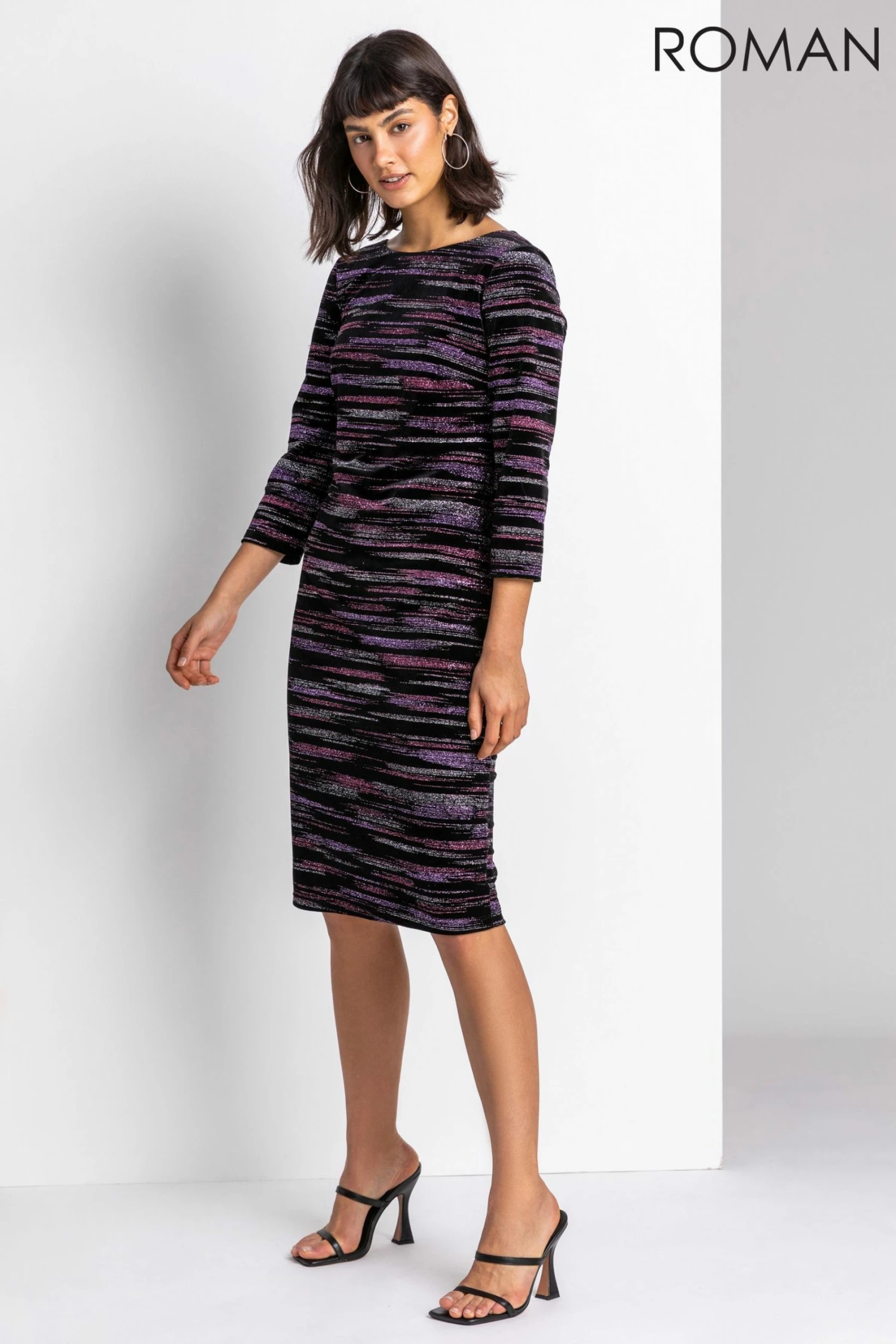 Roman Pink Glitter Stripe Print Velvet Dress 5 Roman Pink Glitter Stripe Print Velvet Dress - Image 3