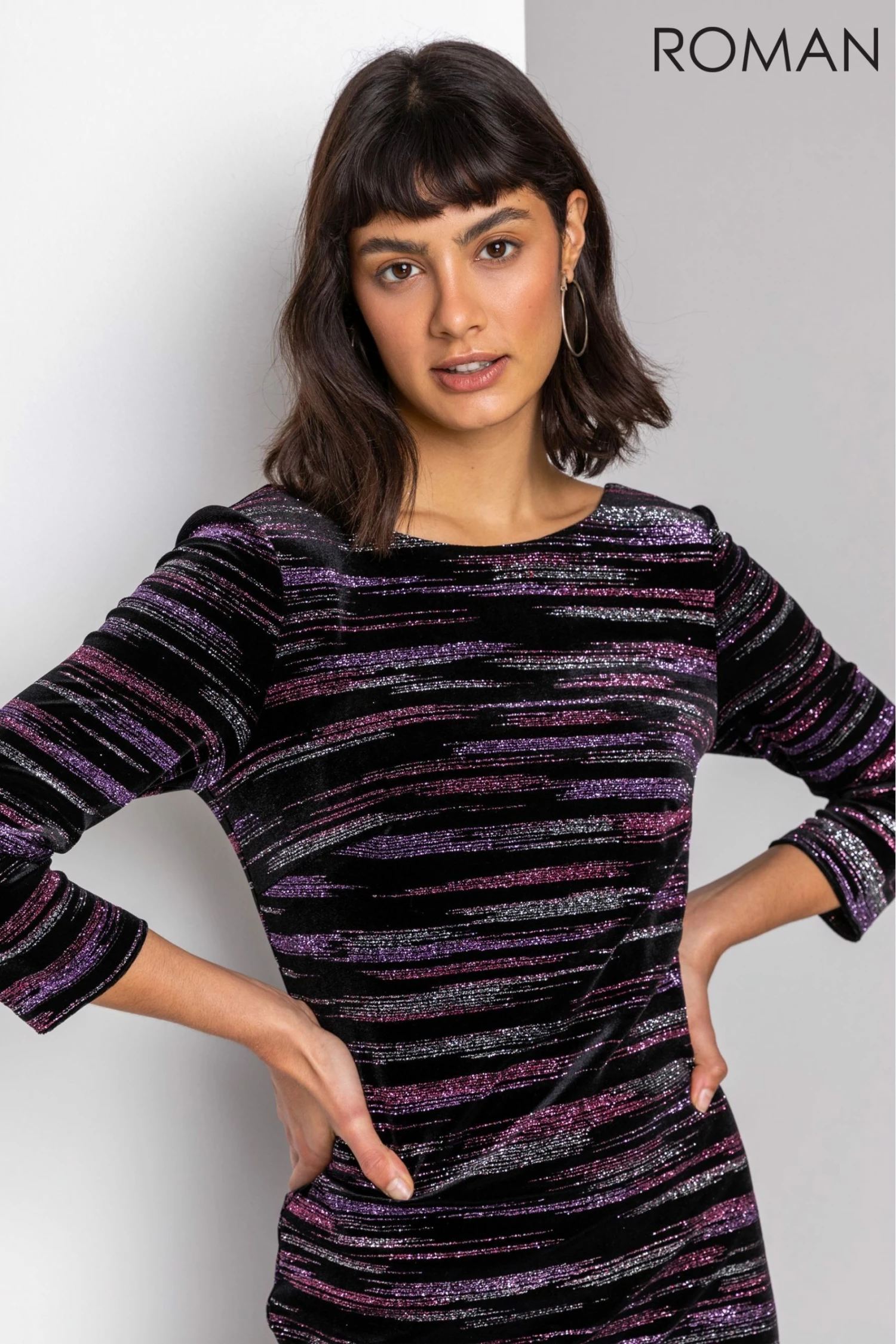 Roman Pink Glitter Stripe Print Velvet Dress 6 Roman Pink Glitter Stripe Print Velvet Dress - Image 4