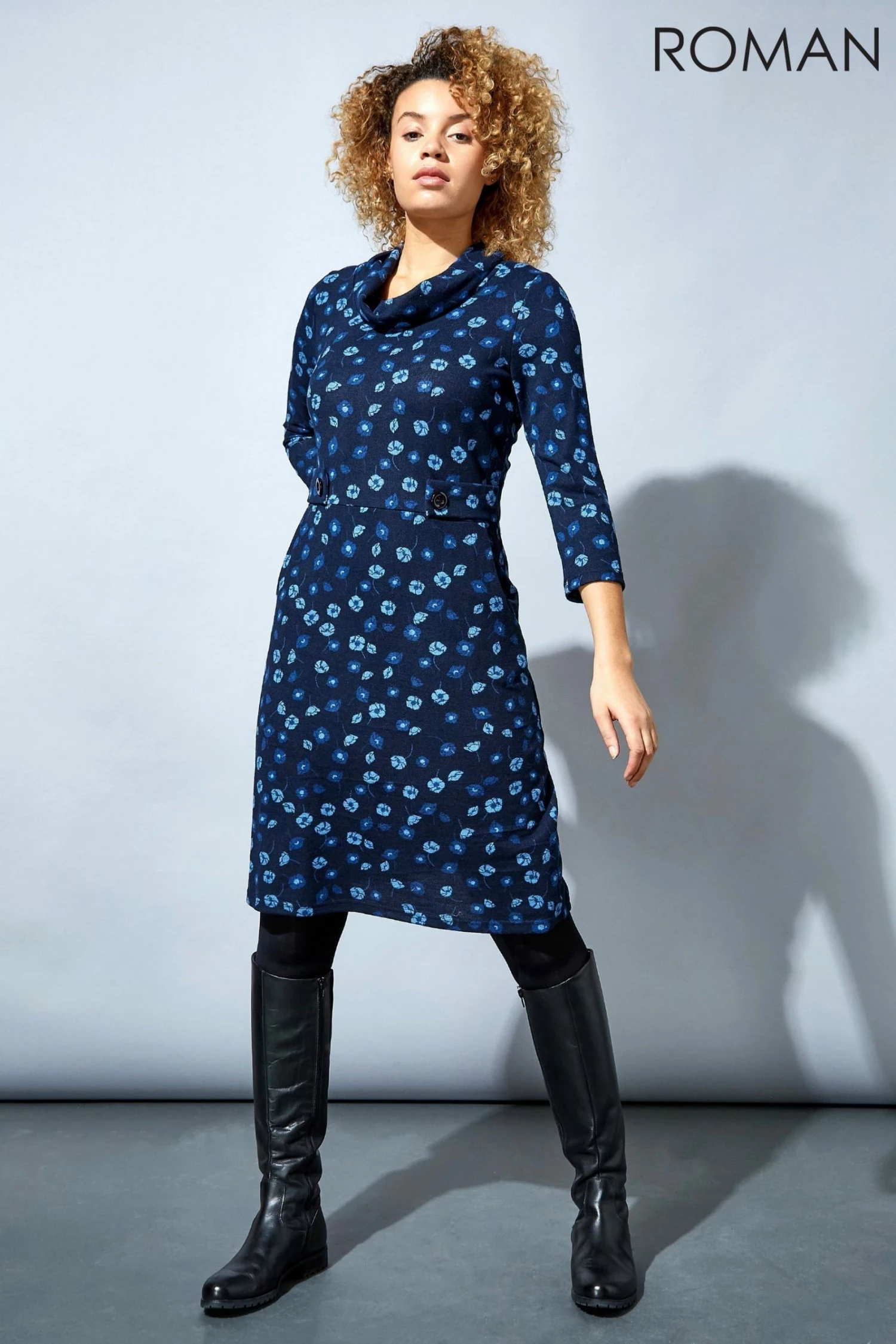 Roman Navy Floral Print Cowl Neck Dress 3 Roman Navy Floral Print Cowl Neck Dress