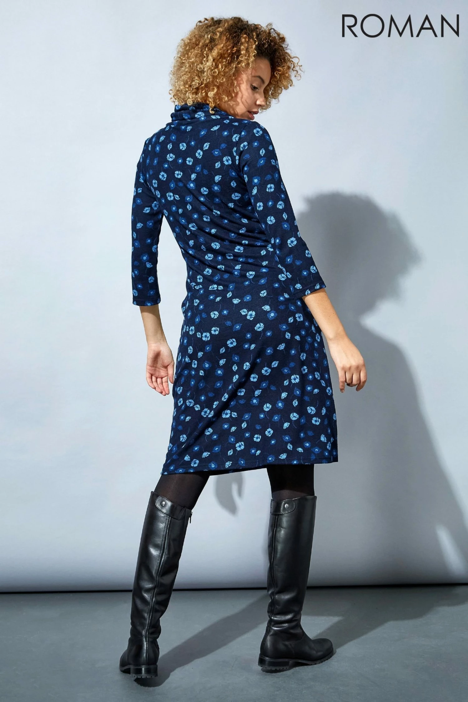 Roman Navy Floral Print Cowl Neck Dress 4 Roman Navy Floral Print Cowl Neck Dress - Image 2