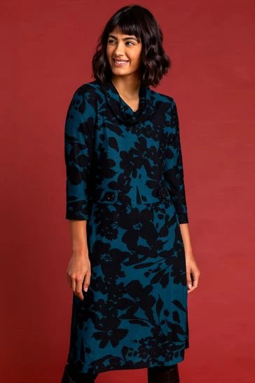 Roman Navy Floral Print Cowl Neck Dress 8 Roman Navy Floral Print Cowl Neck Dress - Image 6