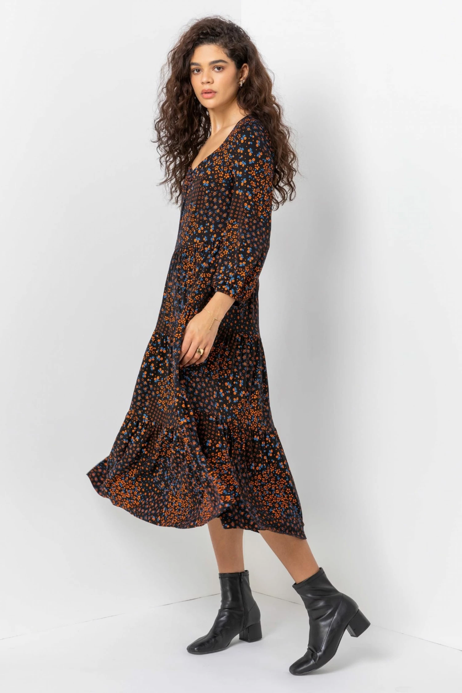 Roman Orange Floral Print Tiered Midi Dress 3 Roman Orange Floral Print Tiered Midi Dress