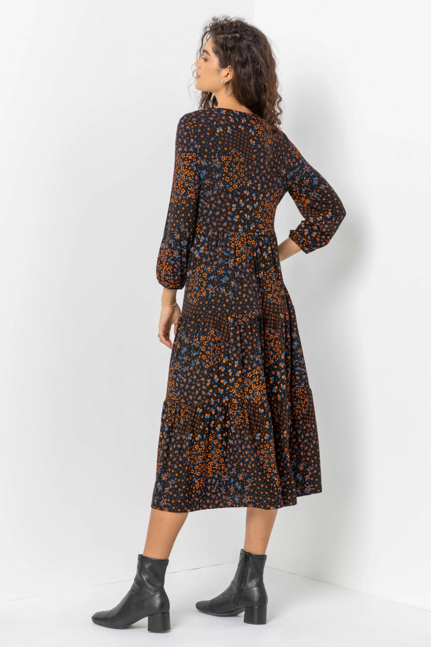 Roman Orange Floral Print Tiered Midi Dress 4 Roman Orange Floral Print Tiered Midi Dress - Image 2