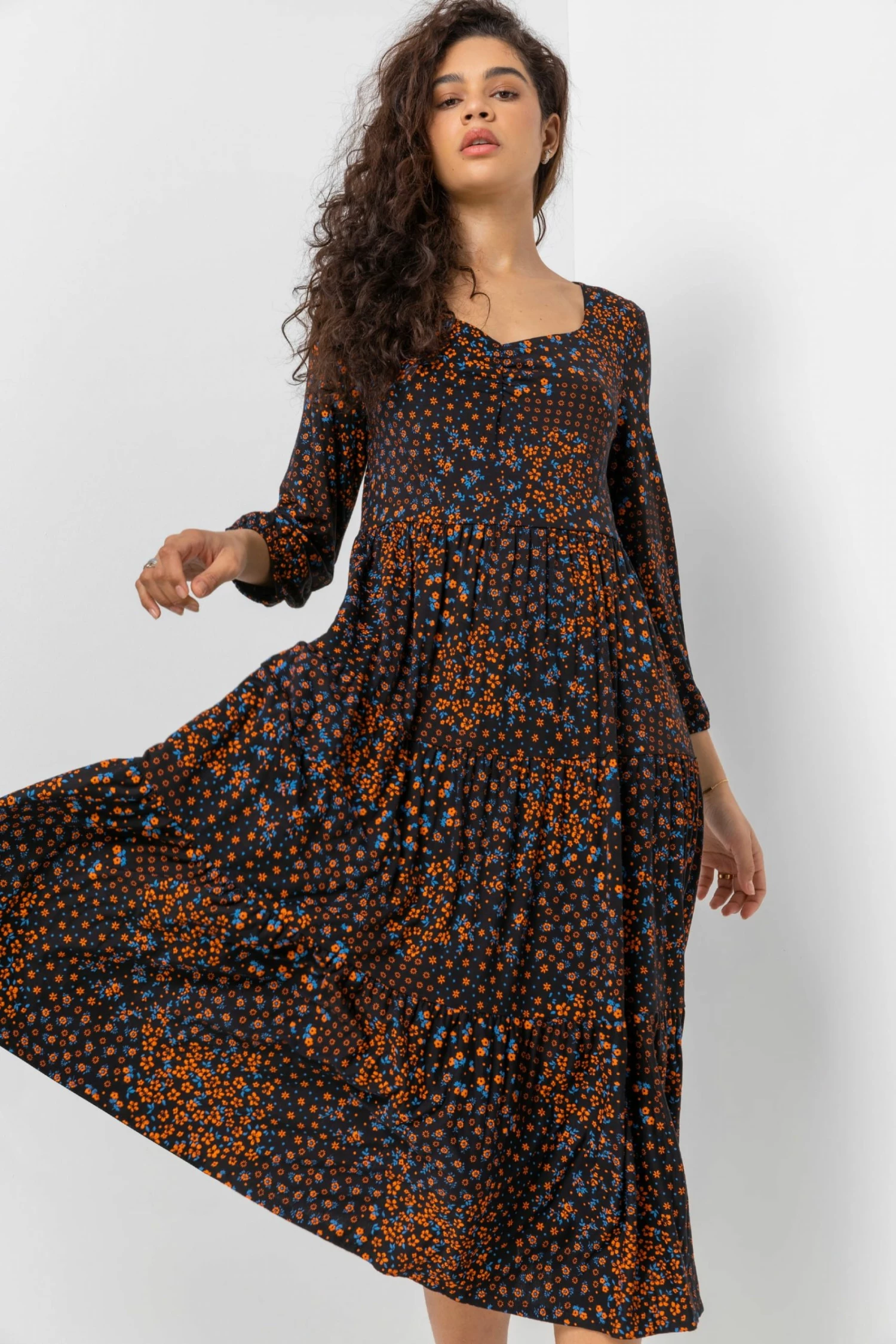 Roman Orange Floral Print Tiered Midi Dress 5 Roman Orange Floral Print Tiered Midi Dress - Image 3