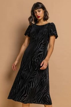 Roman Black Zebra Print Burnout Velvet Dress