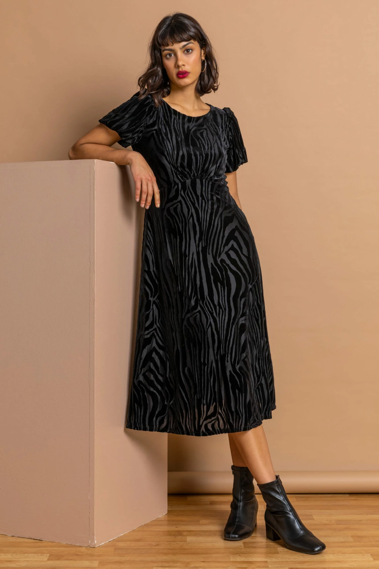 Roman Black Zebra Print Burnout Velvet Dress 5 Roman Black Zebra Print Burnout Velvet Dress - Image 3