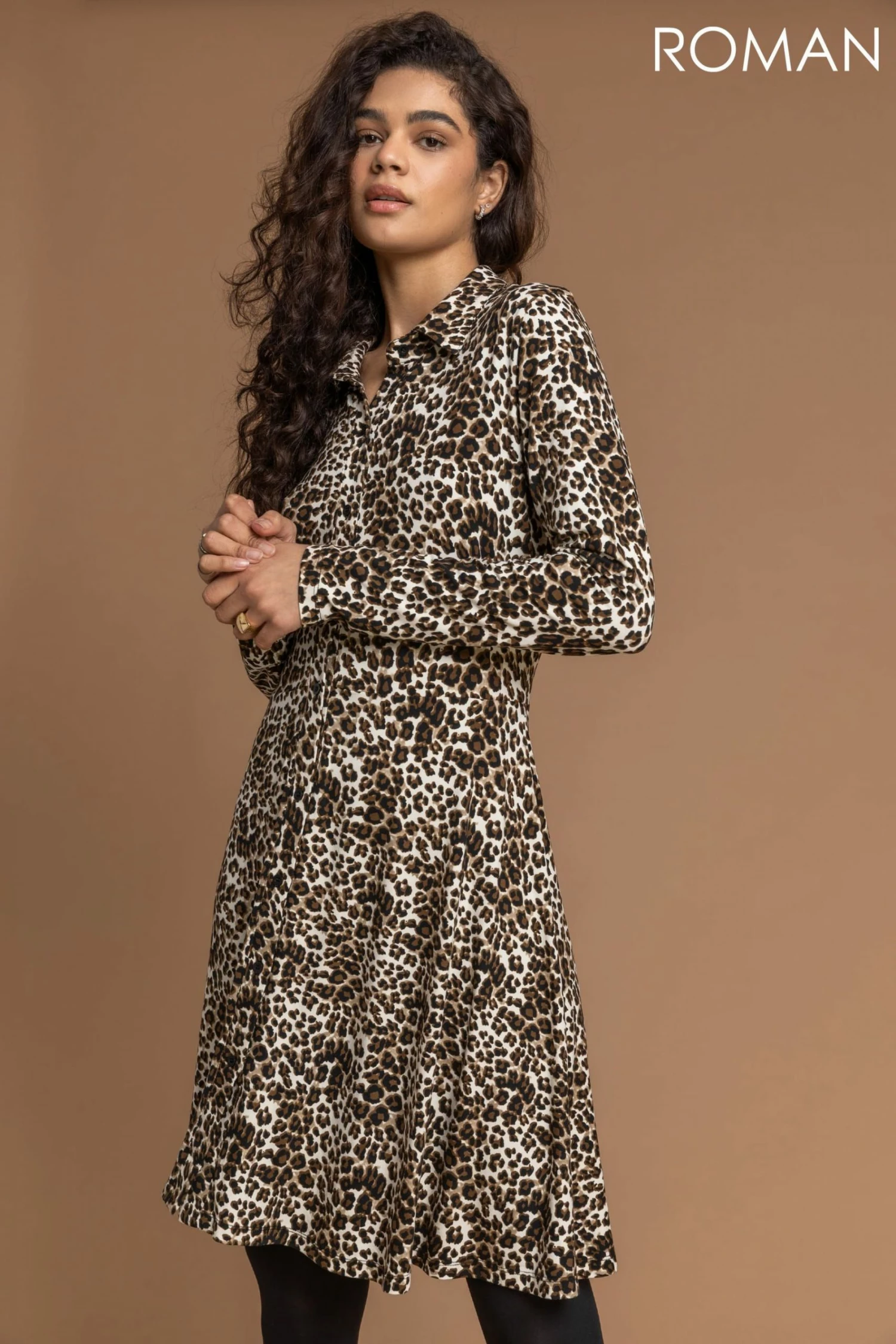 Roman Brown Animal Print Shirt Dress 3 Roman Brown Animal Print Shirt Dress