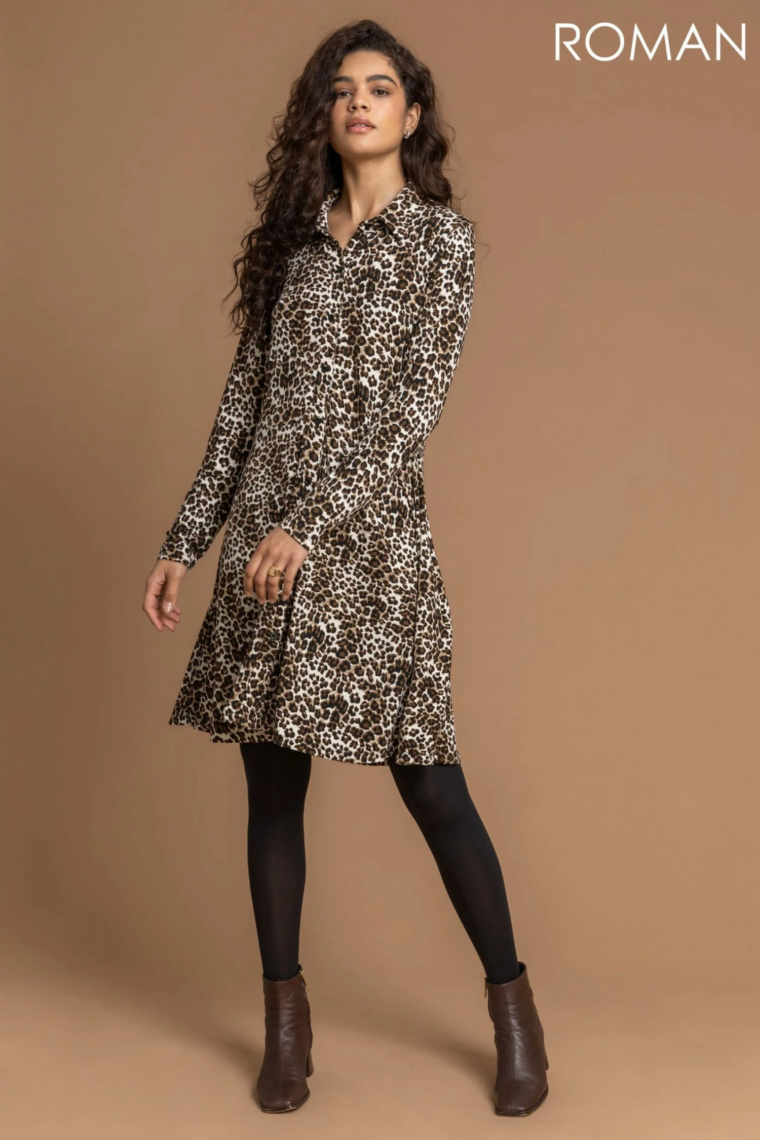 Roman Brown Animal Print Shirt Dress 5 Roman Brown Animal Print Shirt Dress - Image 3
