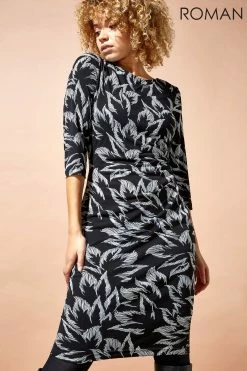 Roman Black Floral Print Ruched Waist Dress
