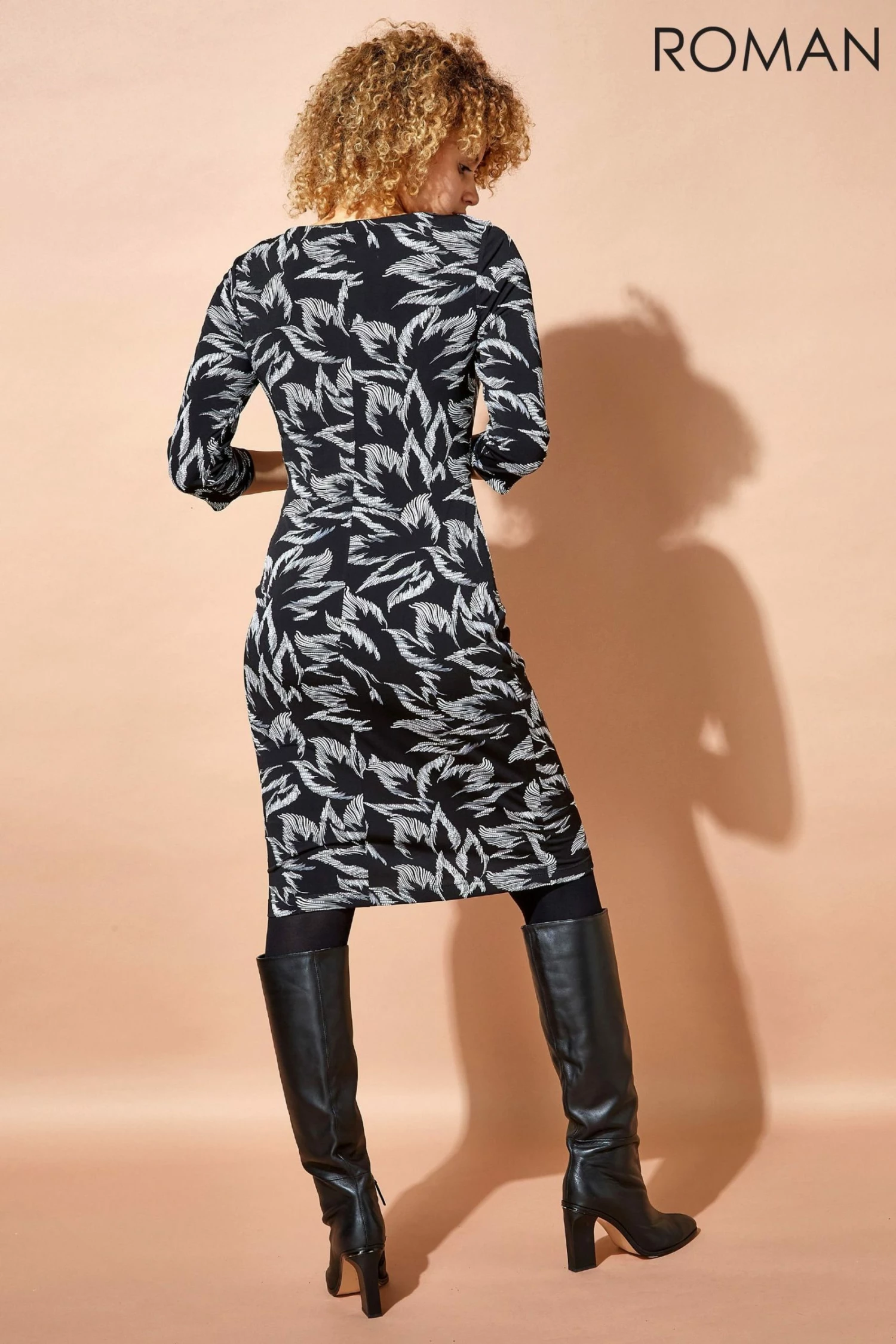 Roman Black Floral Print Ruched Waist Dress 4 Roman Black Floral Print Ruched Waist Dress - Image 2