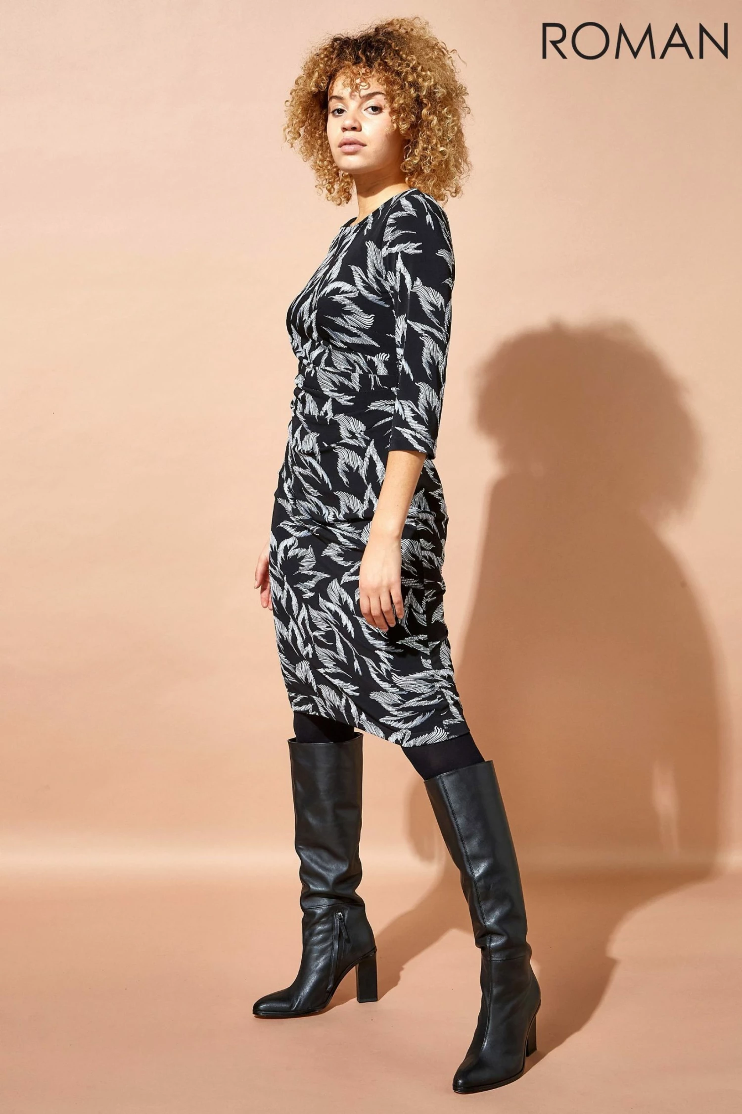 Roman Black Floral Print Ruched Waist Dress 5 Roman Black Floral Print Ruched Waist Dress - Image 3