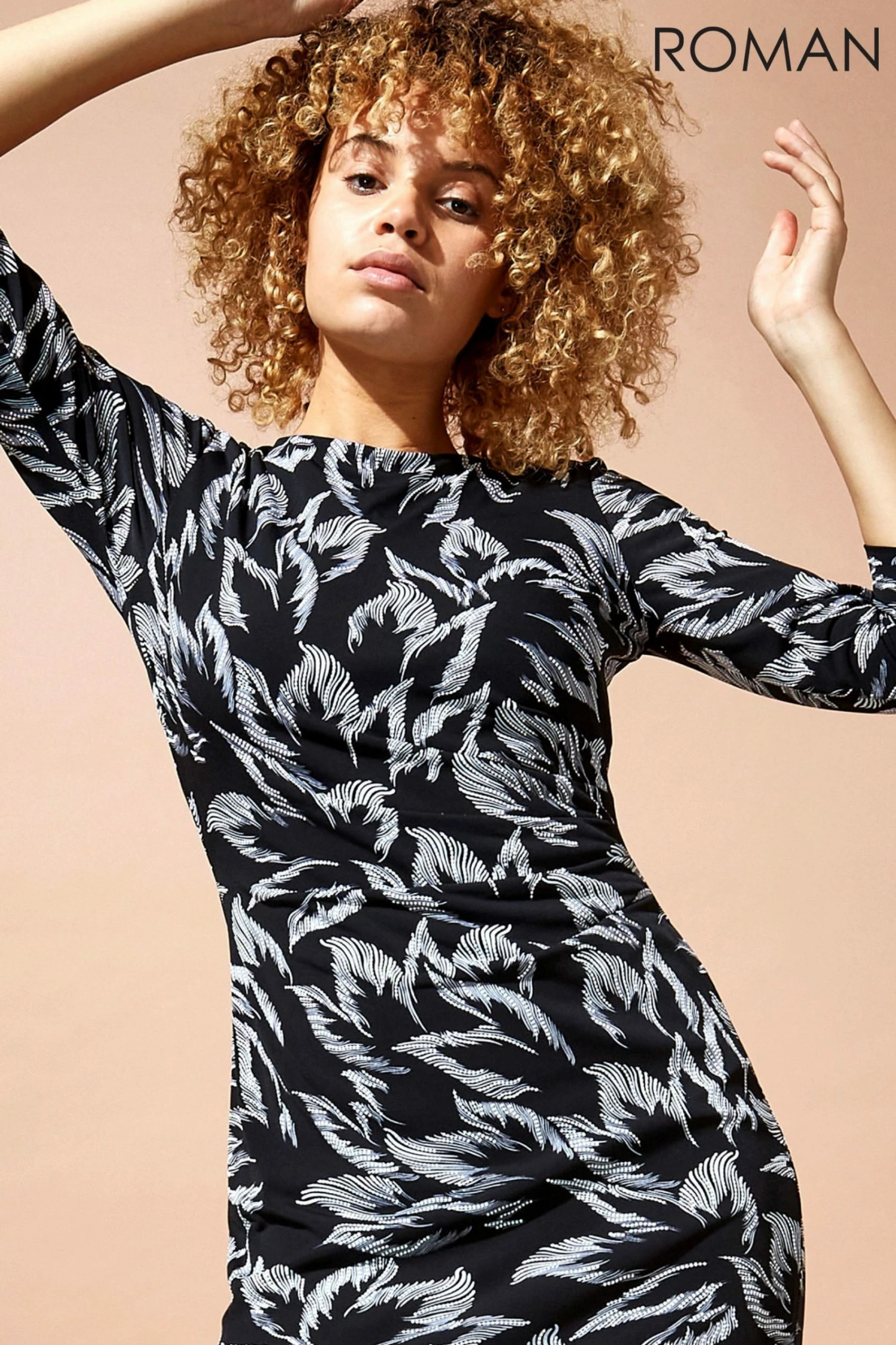 Roman Black Floral Print Ruched Waist Dress 6 Roman Black Floral Print Ruched Waist Dress - Image 4