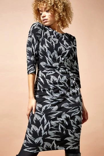 Roman Black Floral Print Ruched Waist Dress 7 Roman Black Floral Print Ruched Waist Dress - Image 5