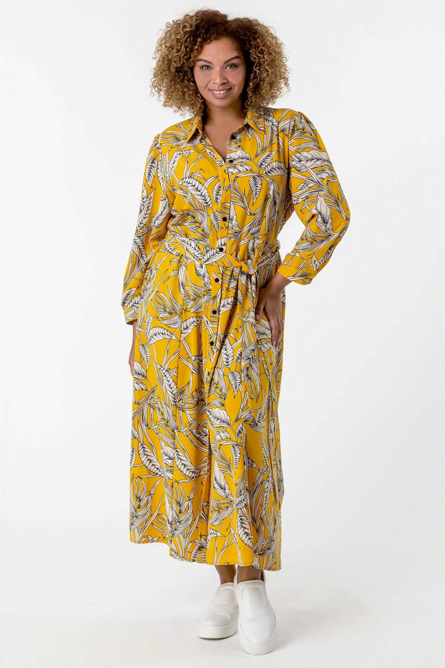 Roman Yellow Curve Tropical Print Shirt Dress 3 Roman Yellow Curve Tropical Print Shirt Dress