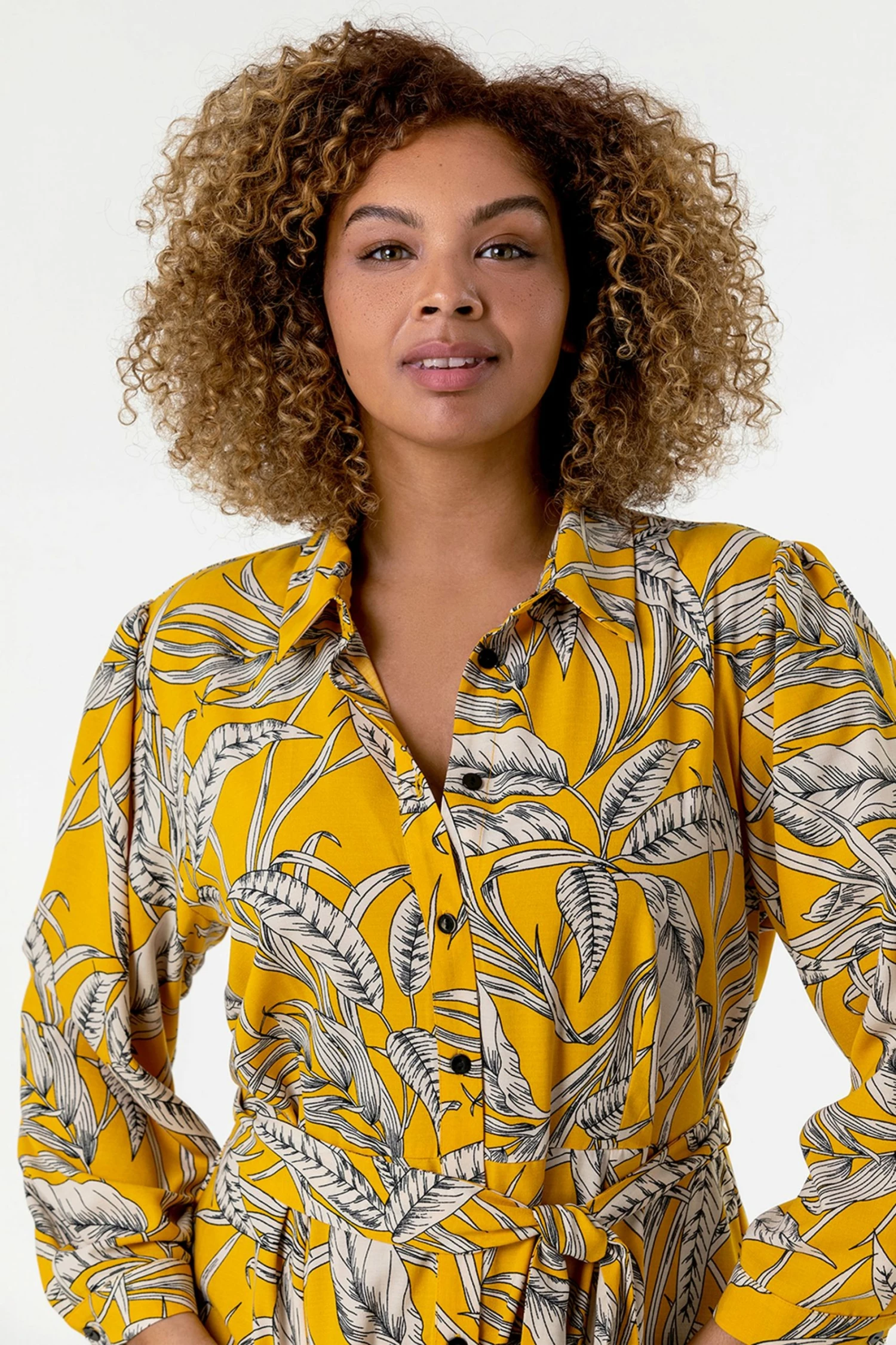 Roman Yellow Curve Tropical Print Shirt Dress 6 Roman Yellow Curve Tropical Print Shirt Dress - Image 4
