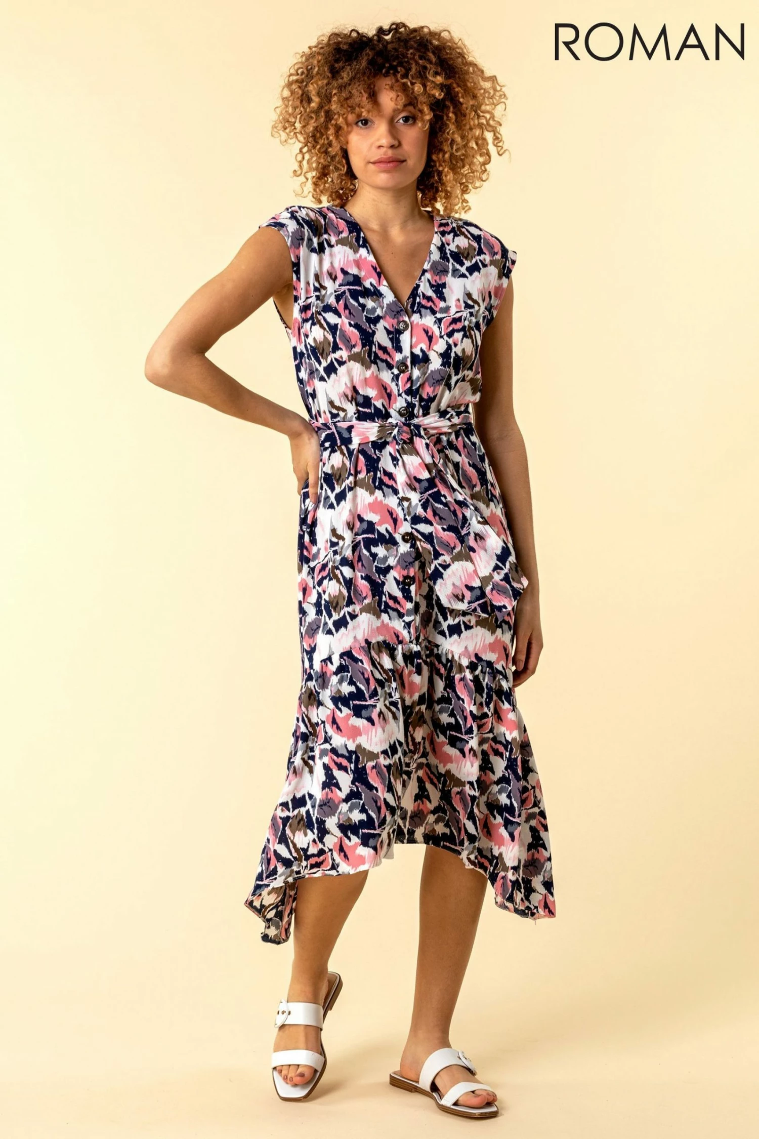Roman Multi Abstract Floral Print Button Down Dress 3 Roman Multi Abstract Floral Print Button Down Dress