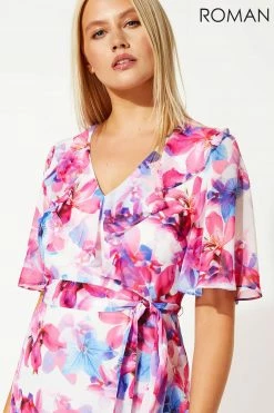 Roman Pink Floral Print Frill Wrap Dress -Roman Sales Shop unnamed file 436