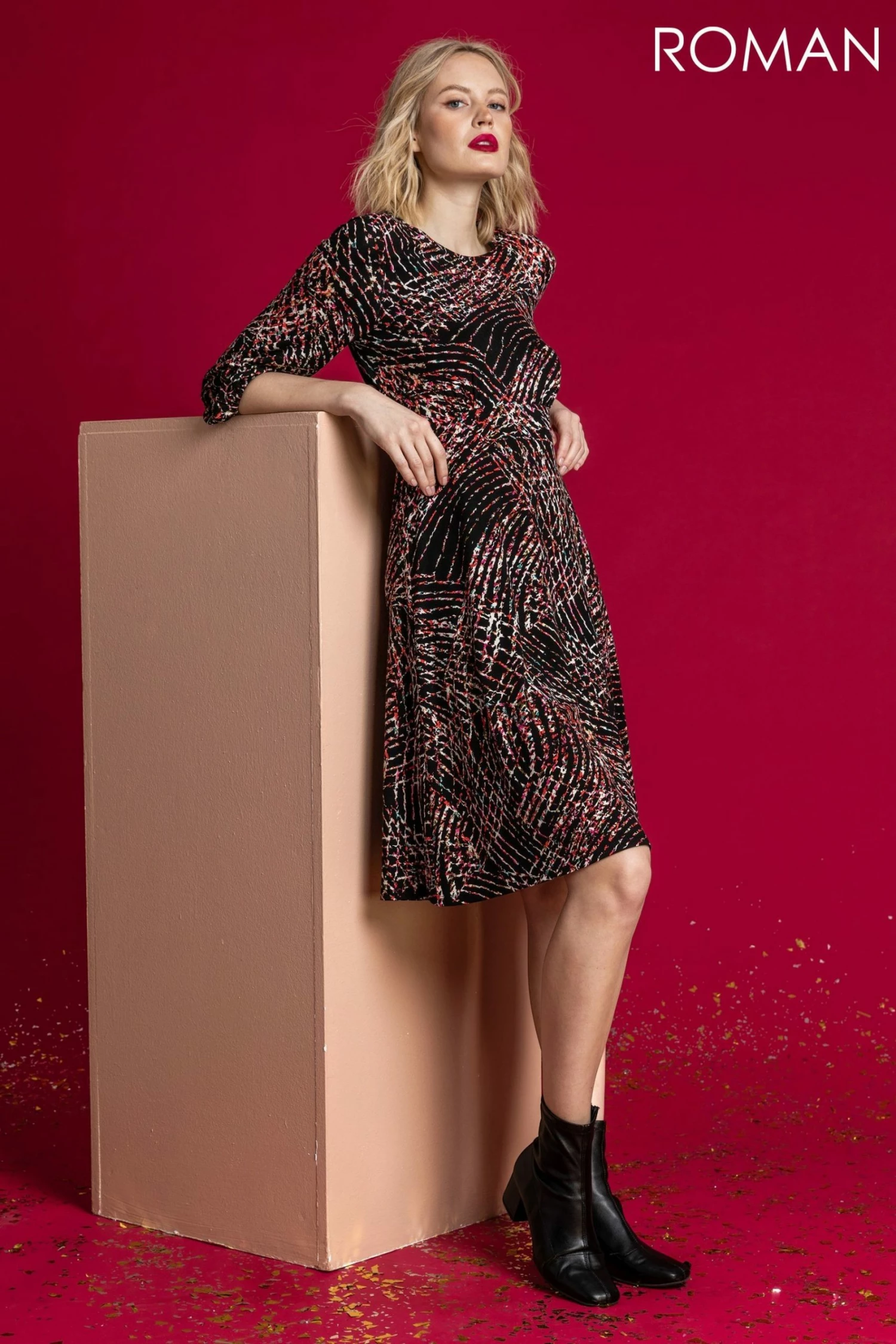 Roman Black Abstract Textured Print Tea Dress 7 Roman Black Abstract Textured Print Tea Dress - Image 5