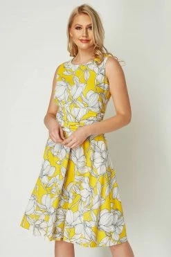Roman Yellow Floral Tie Waist Dress