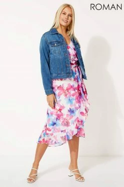 Roman Pink Floral Print Frill Wrap Dress -Roman Sales Shop unnamed file 437