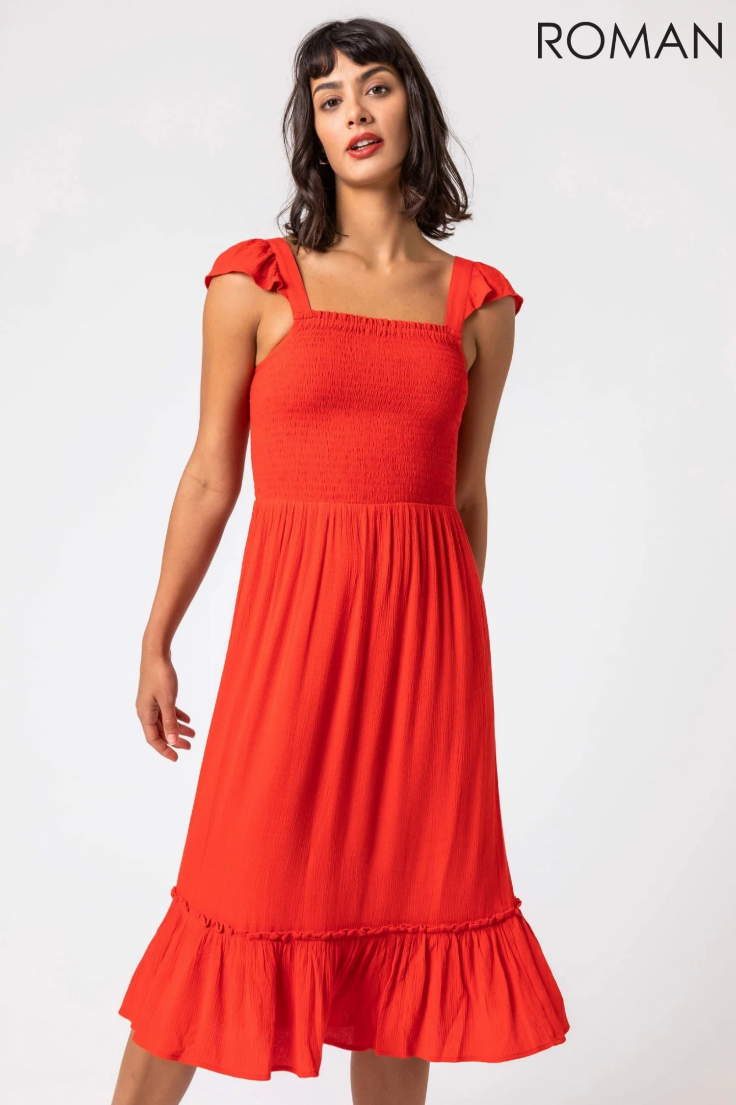 Roman Orange Shirred Bodice Frill Detail Midi Dress 3 Roman Orange Shirred Bodice Frill Detail Midi Dress