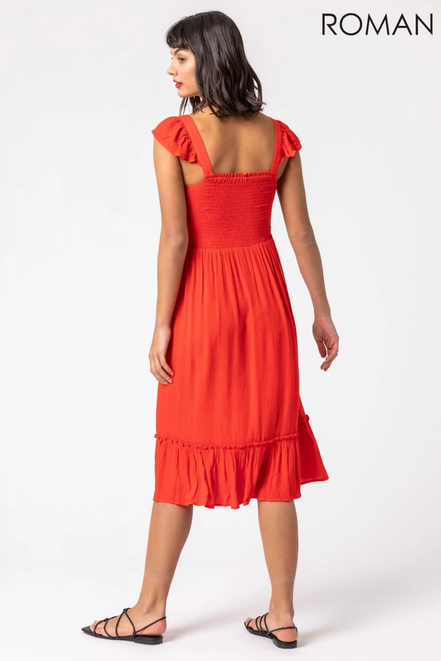 Roman Orange Shirred Bodice Frill Detail Midi Dress 4 Roman Orange Shirred Bodice Frill Detail Midi Dress - Image 2