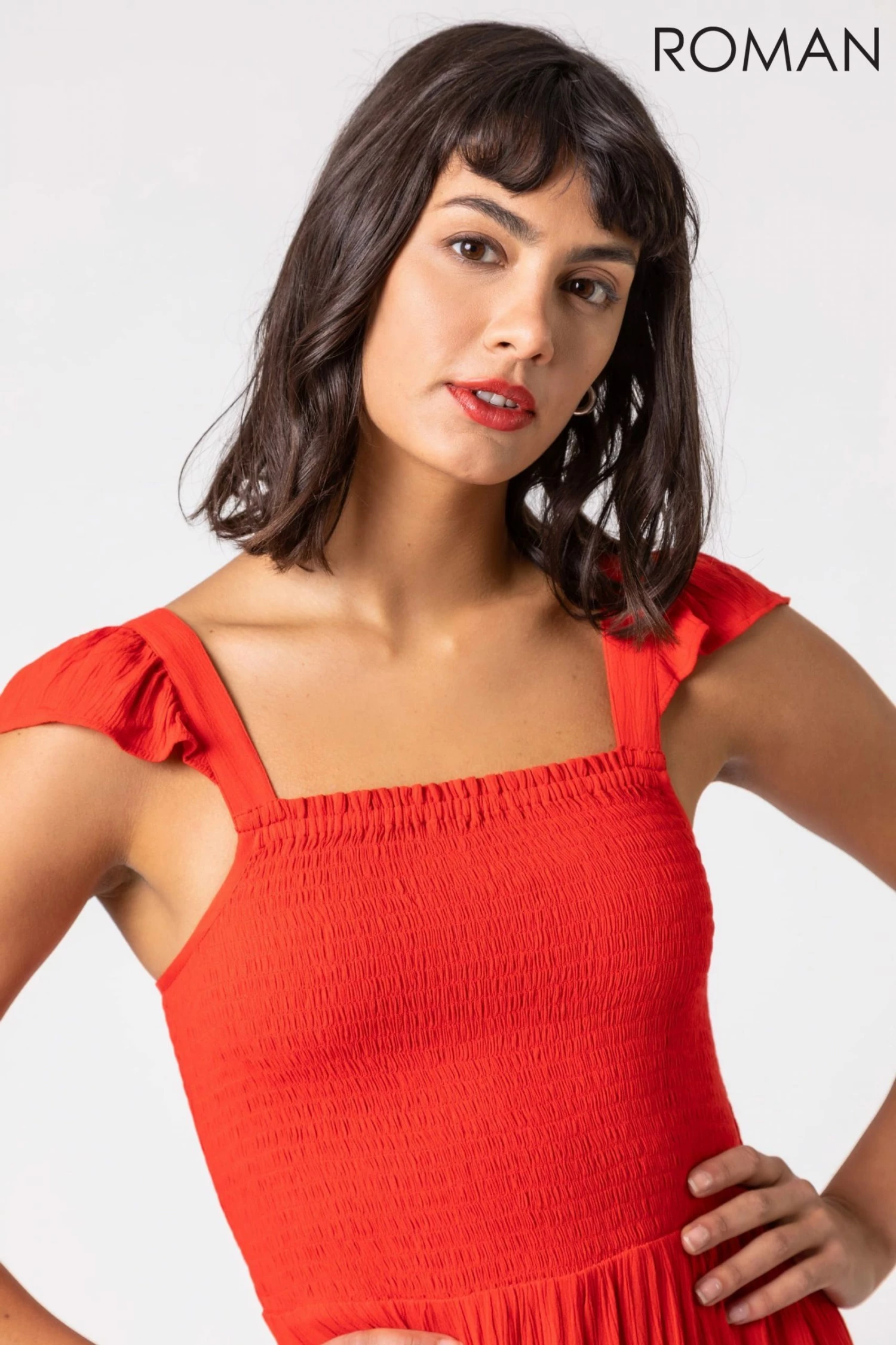 Roman Orange Shirred Bodice Frill Detail Midi Dress 6 Roman Orange Shirred Bodice Frill Detail Midi Dress - Image 4