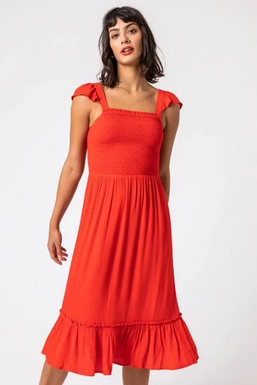 Roman Orange Shirred Bodice Frill Detail Midi Dress 7 Roman Orange Shirred Bodice Frill Detail Midi Dress - Image 5