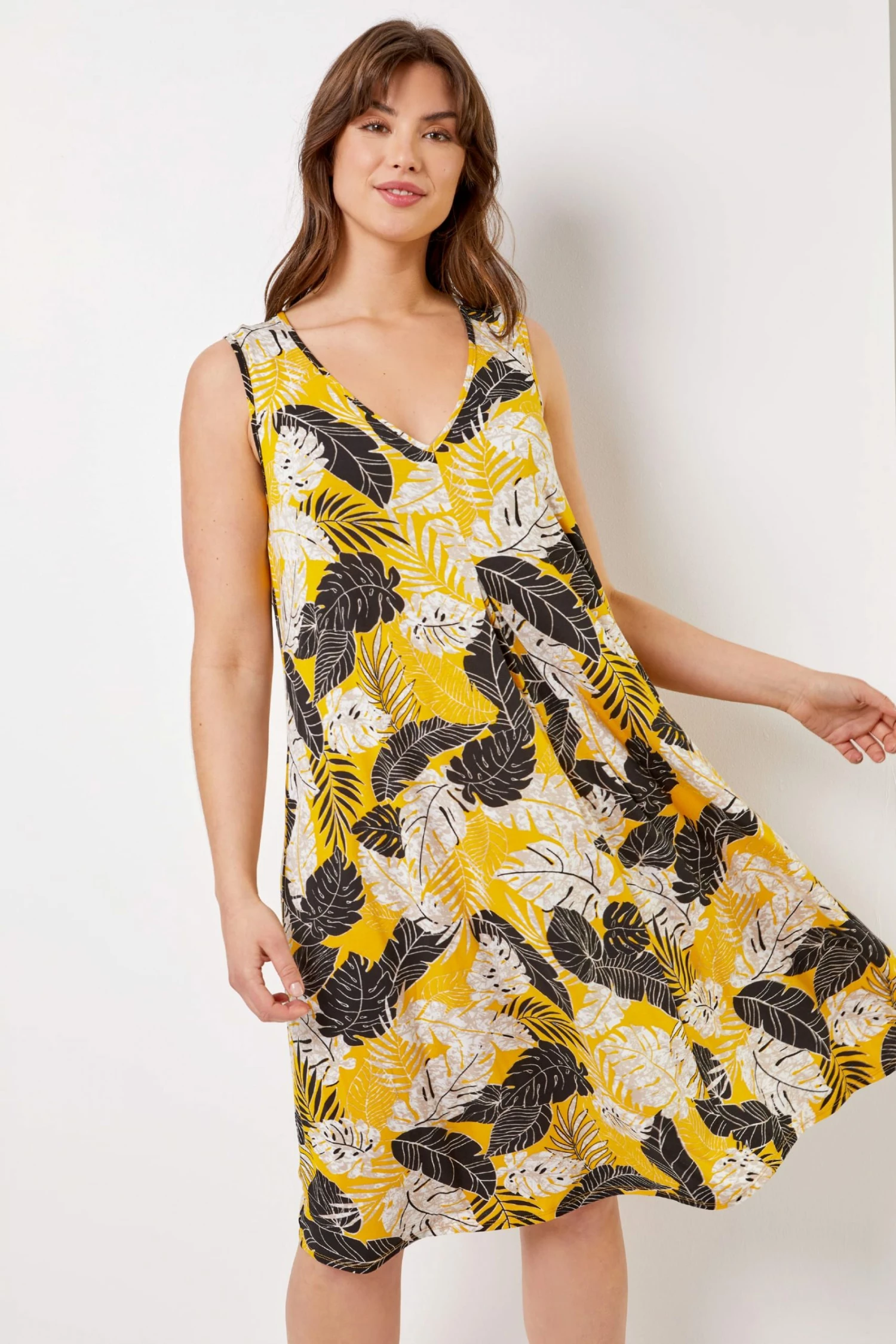 Roman Yellow Curve Tropical Leaf Print Swing Dress 3 Roman Yellow Curve Tropical Leaf Print Swing Dress