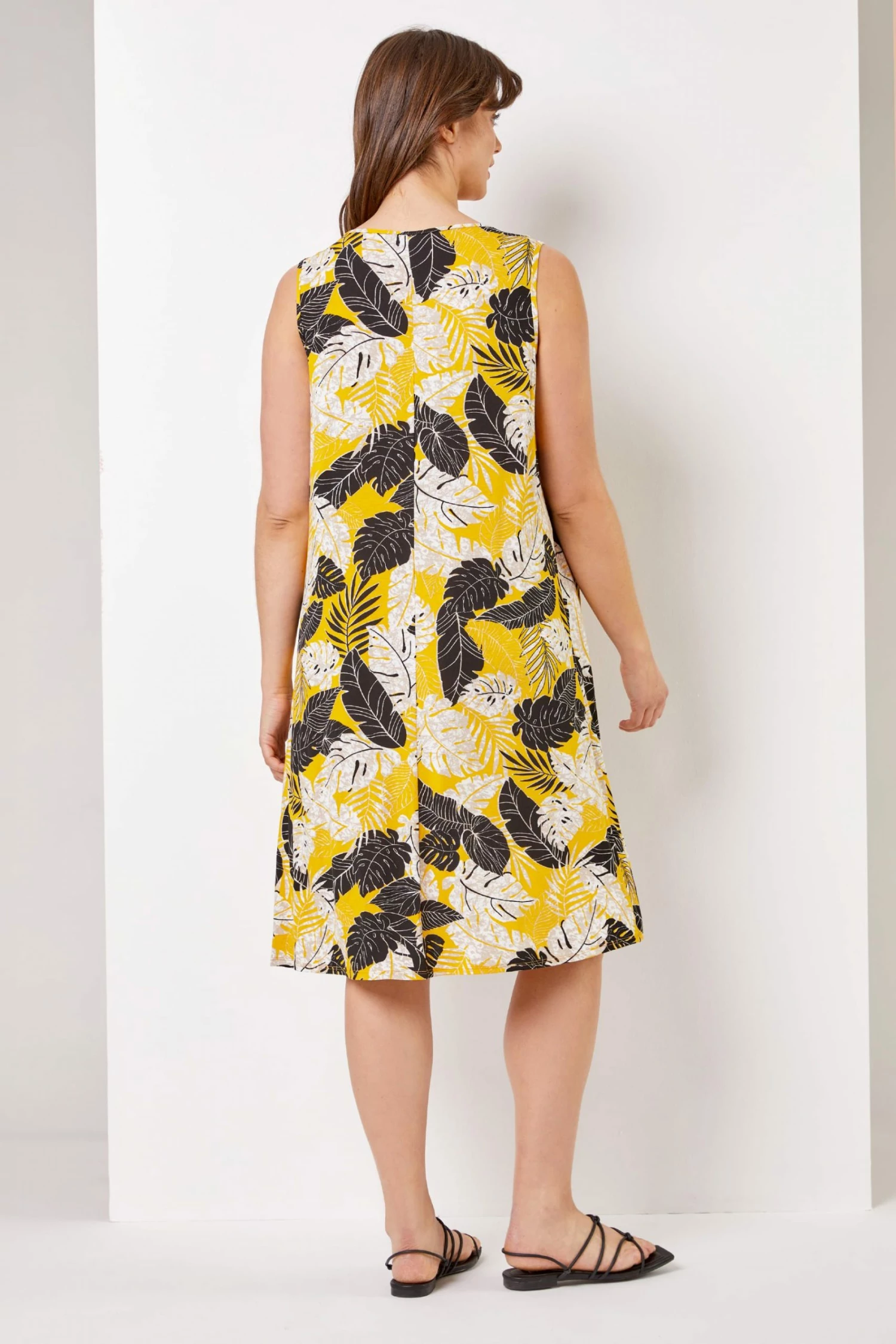 Roman Yellow Curve Tropical Leaf Print Swing Dress 4 Roman Yellow Curve Tropical Leaf Print Swing Dress - Image 2
