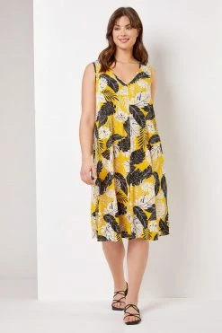 Roman Yellow Curve Tropical Leaf Print Swing Dress 9 Roman Yellow Curve Tropical Leaf Print Swing Dress -Roman Sales Shop unnamed file 4379
