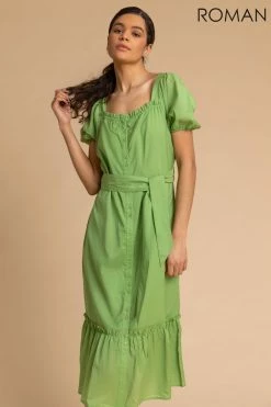 Roman Green Puff Sleeve Button Through Midi Dress