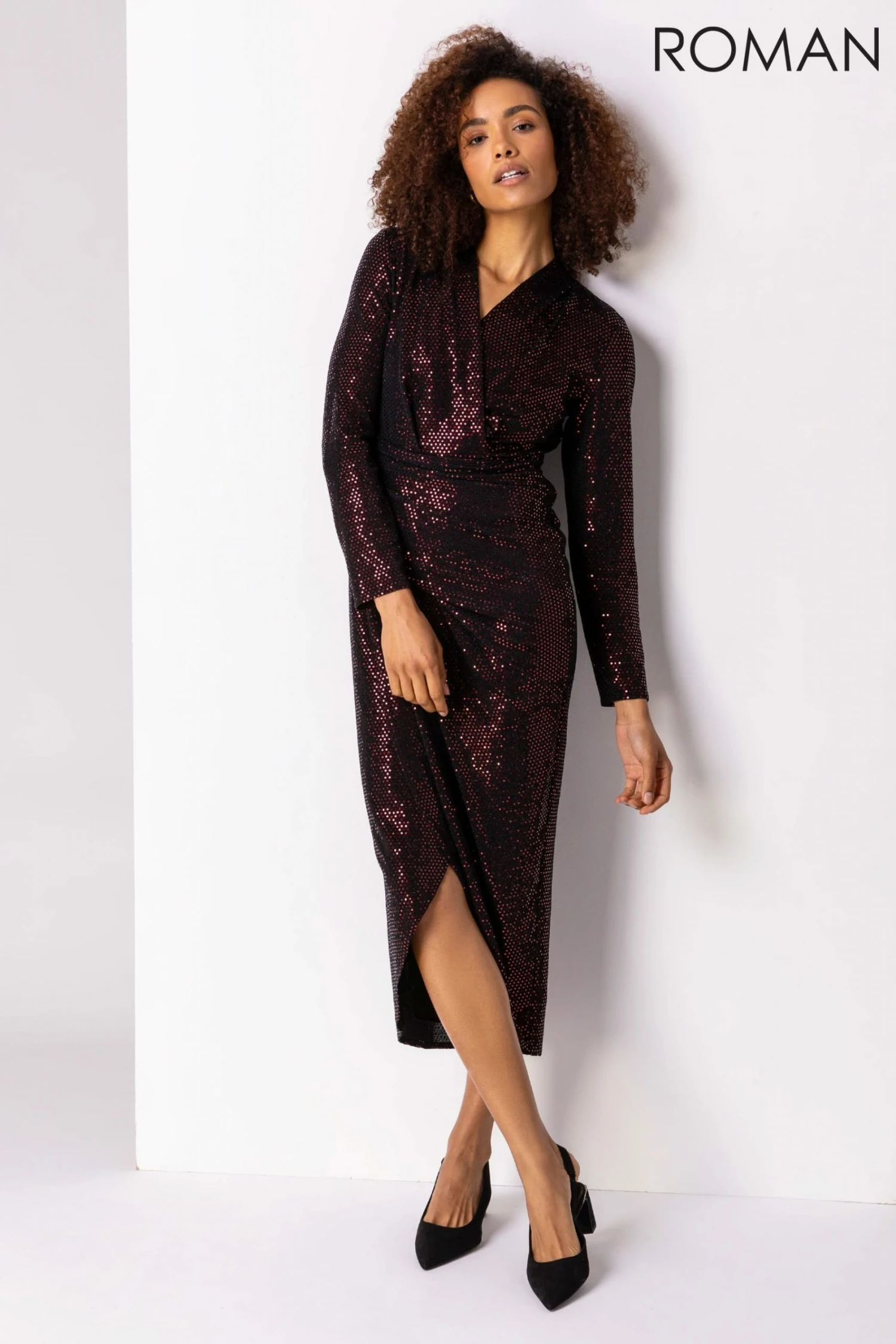 Roman Red Sequin Embellished Wrap Dress 3 Roman Red Sequin Embellished Wrap Dress
