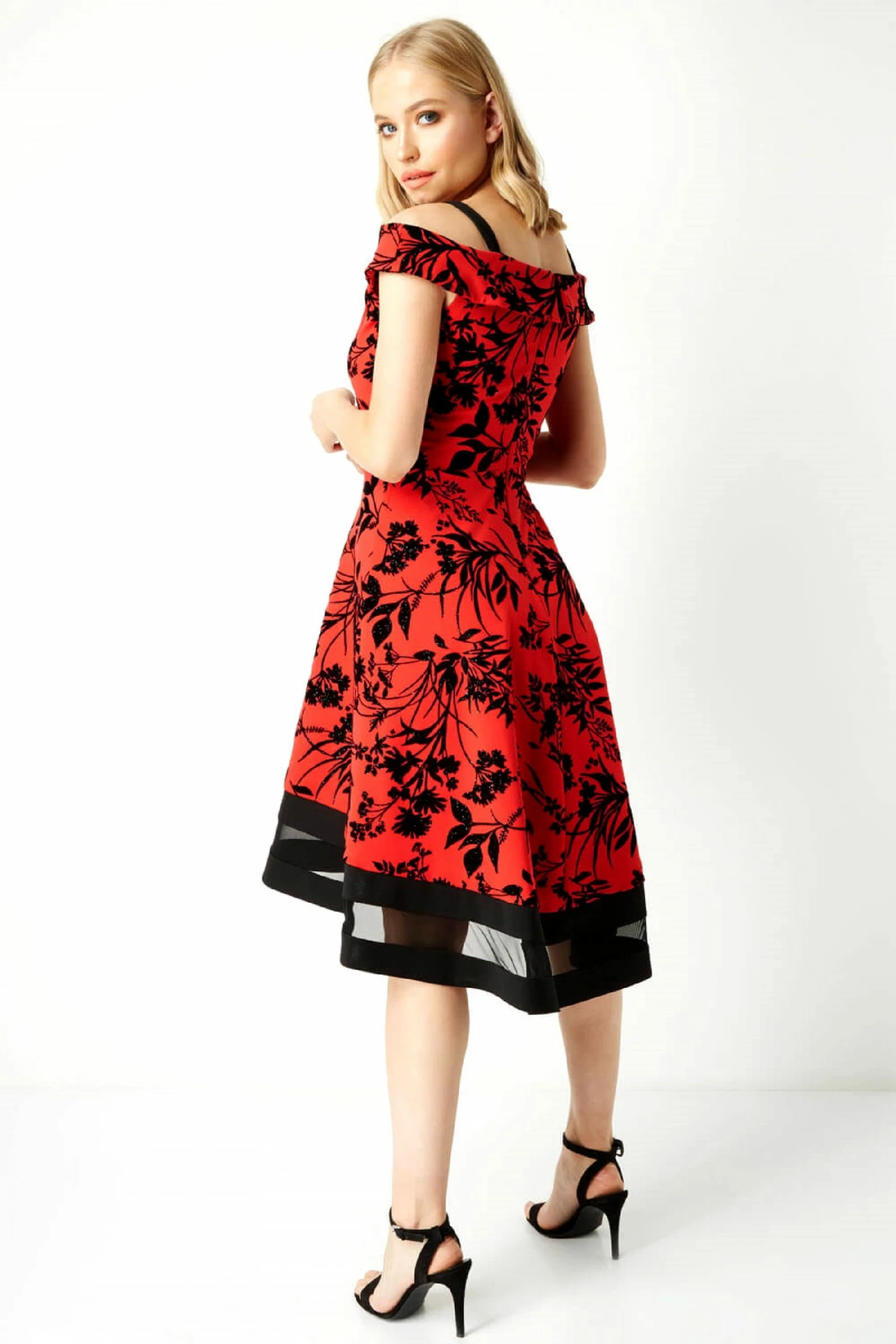 Roman Red Scuba Flocked Cold Shoulder Dress 4 Roman Red Scuba Flocked Cold Shoulder Dress - Image 2