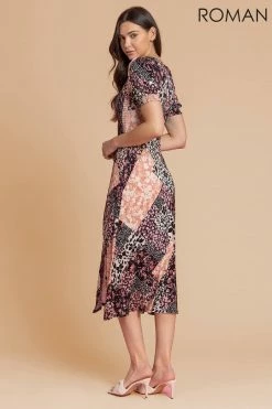 Roman Pink Shirred Patchwork Floral Midi Dress -Roman Sales Shop unnamed file 4403