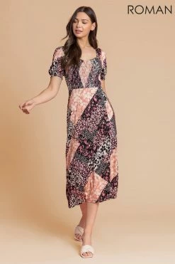 Roman Pink Shirred Patchwork Floral Midi Dress -Roman Sales Shop unnamed file 4404