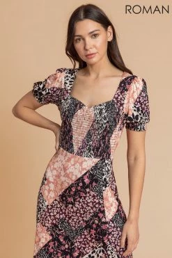 Roman Pink Shirred Patchwork Floral Midi Dress -Roman Sales Shop unnamed file 4405